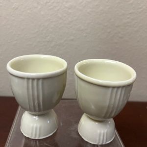 Two Double Egg Cup Holders Line Pattern Porcelain In White Boiled Eggs 3.5"